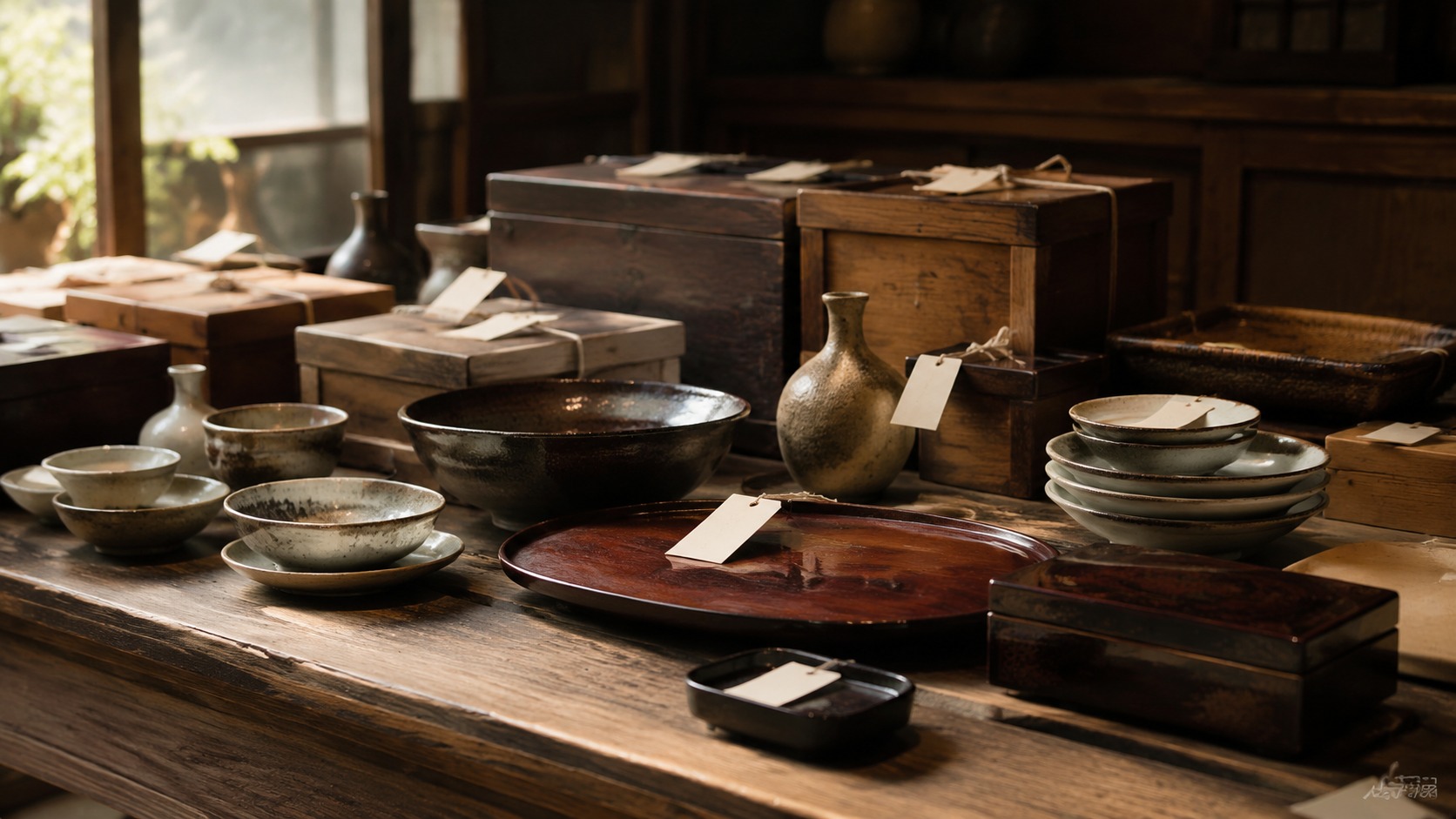Auction market table with vintage Japanese objects