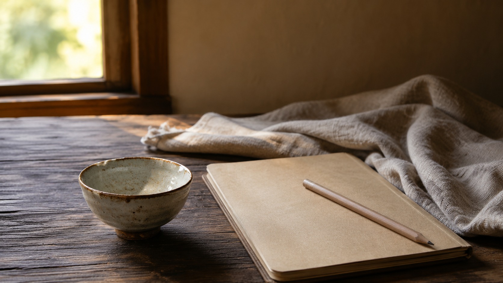 Small ceramic bowl beside a notebook