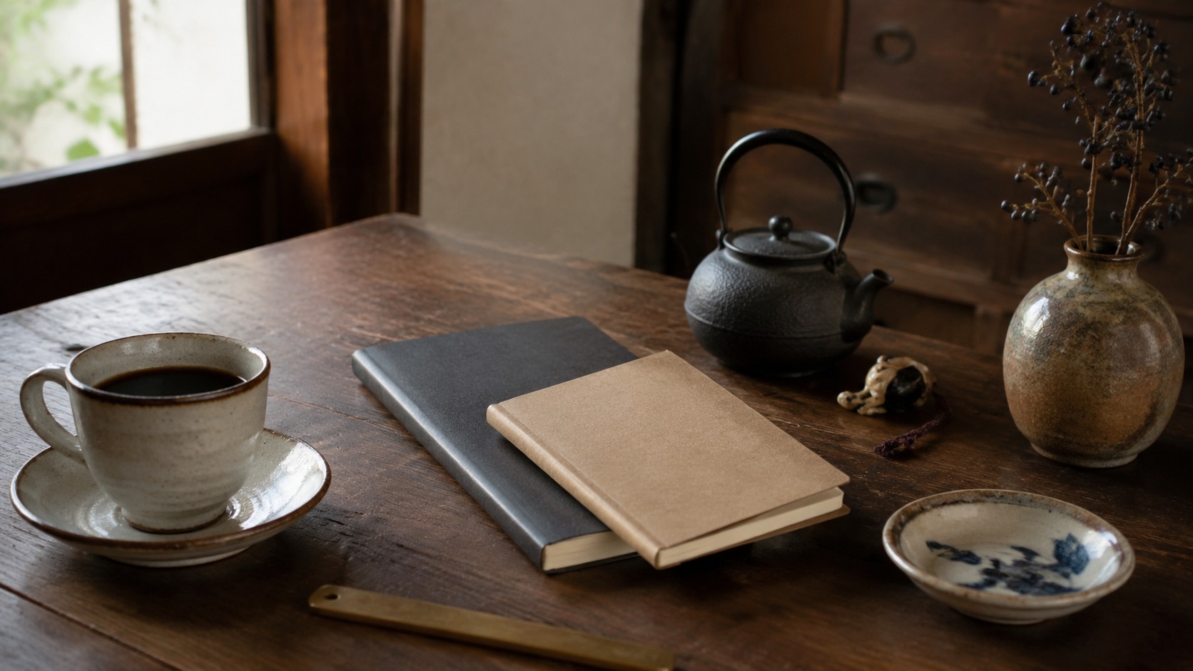 Coffee and notebooks beside vintage Japanese objects