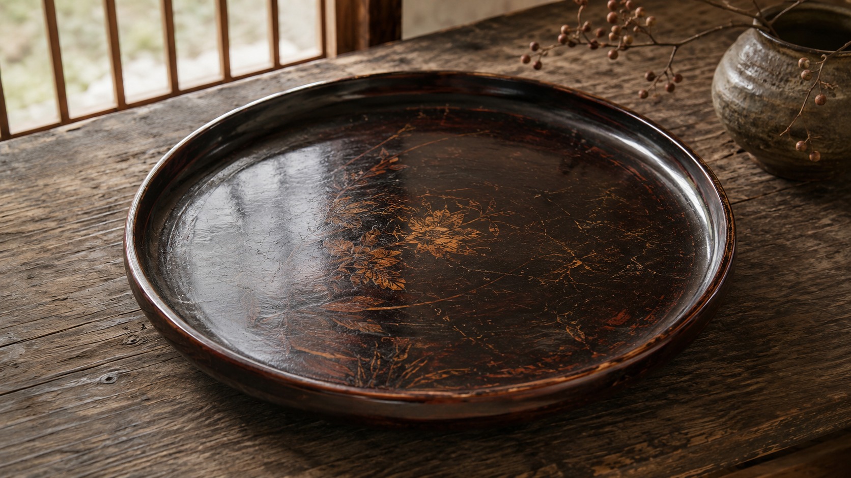 Japanese lacquer tray on an old wooden table